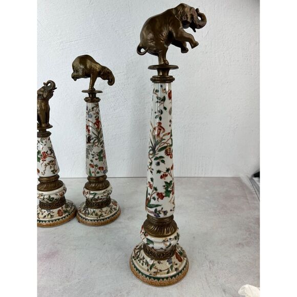 Vintage Chinoiserie Ceramic Obelisk Set 3 Brass Elephant Finials Famille Rose - Picture 3 of 16